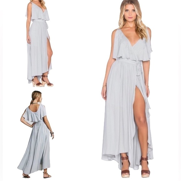 Free People Dresses & Skirts - Free People Blue Gray Embroidered Fiona Maxi True Wrap Dress